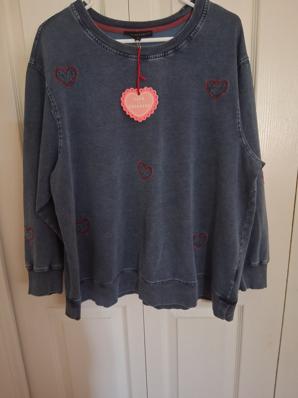 Jane and Delancey Washed Denim-Blue Crewneck Sweater with Pink Heart Accents